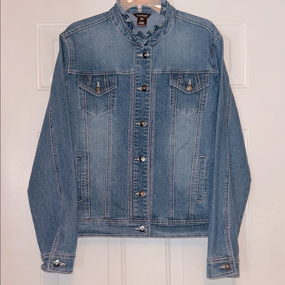 Multiples Denim Jacket XL Ruffle Collar Feminine Casual Classic Embellished